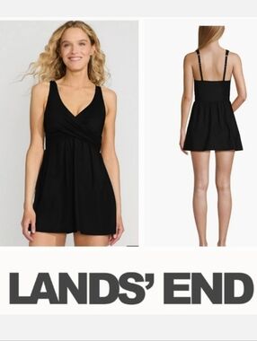 Land's End Black D-Cup SLENDER SUIT Wrap Swim Dress Swimsuit Sz 16W Retail $190